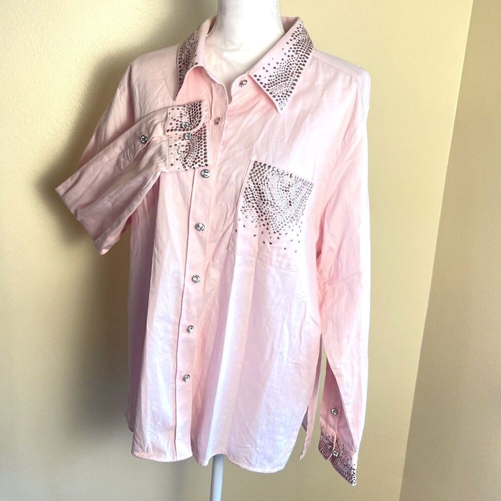 Quaker Factory Y2K Pink Western Bling Button Up Shirt XL Barbie Glam Cowgirl